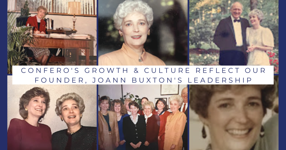 Images of JoAnn Buxton, Confero's founder and CEO of many years with her team and family.